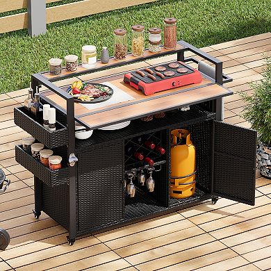 Merax Wicker Outdoor Grill Cart with Extended Plastic Wood Table Top