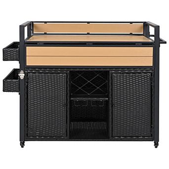 Merax Wicker Outdoor Grill Cart with Extended Plastic Wood Table Top