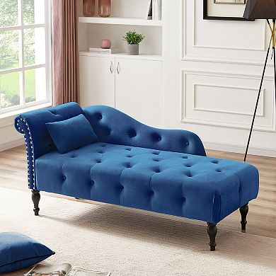 Merax Velvet Chaise Lounge Buttons Tufted Nailhead Trimmed Solid Wood Legs with 1 Pillow