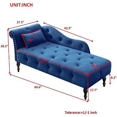 Merax Velvet Chaise Lounge Buttons Tufted Nailhead Trimmed Solid Wood Legs with 1 Pillow