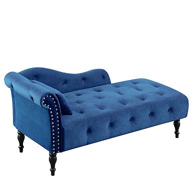 Merax Velvet Chaise Lounge Buttons Tufted Nailhead Trimmed Solid Wood Legs with 1 Pillow