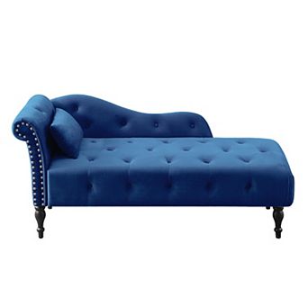 Merax Velvet Chaise Lounge Buttons Tufted Nailhead Trimmed Solid Wood Legs with 1 Pillow