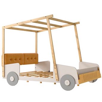 Merax Wooden Car Bed with Pillow & Ceiling Cloth