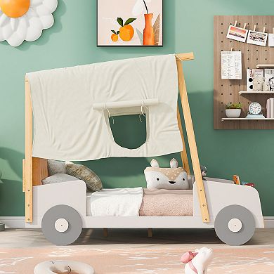 Merax Wooden Car Bed with Pillow & Ceiling Cloth