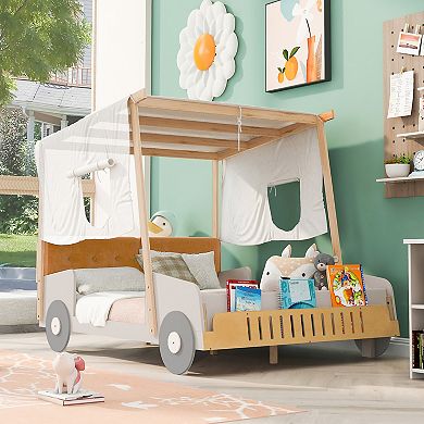 Merax Wooden Car Bed with Pillow & Ceiling Cloth