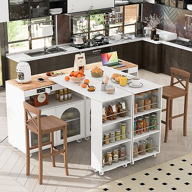 Merax Rolling Kitchen Island With Extended Table, Kitchen island on Wheels with LED Lights