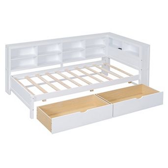Merax Wooden DayBed with 2 Drawers, DayBed with Storage Shelf and USB Charging Ports