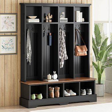 Merax 76.7" Farmhouse Hall Tree with 8 Hooks Modern 3-in-1 Entryway Bench & Coat Shoe Rack