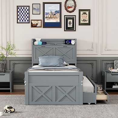 Merax Wooden Bed with Storage Headboard with Outlets, Extendable Bed with rundle Storage Drawers