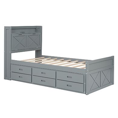 Merax Wooden Bed with Storage Headboard with Outlets, Extendable Bed with rundle Storage Drawers