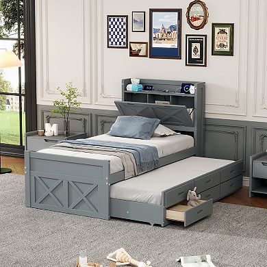 Merax Wooden Bed with Storage Headboard with Outlets, Extendable Bed with rundle Storage Drawers