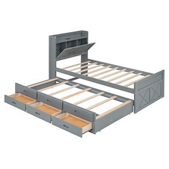 Merax Wooden Bed with Storage Headboard with Outlets, Extendable Bed with rundle Storage Drawers