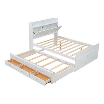 Merax Wooden Bed with Storage Headboard with Outlets, Extendable Bed with rundle Storage Drawers