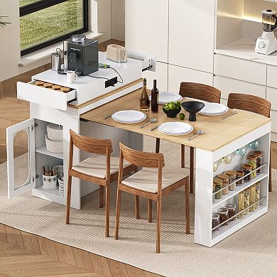 Merax Extendable Folding Dining Table & Kitchen Island Bar Table with Drawers, Power Outlet, Wheel