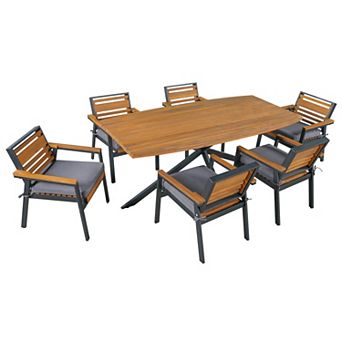 Merax 7 pc Acacia Wood Dining Set with Iron Frame, 6 Chairs & Detachable Cushions for Outdoor