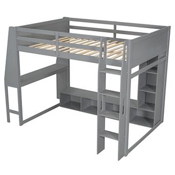 Merax Wood Twin Size Gaming Loft Bed with Desk, Multi-storage Shelves