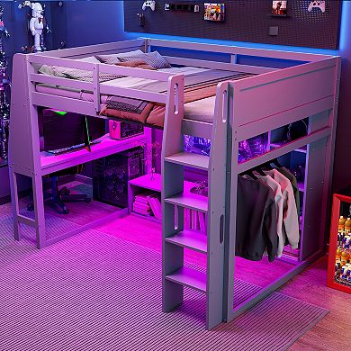 Merax Wood Twin Size Gaming Loft Bed with Desk, Multi-storage Shelves