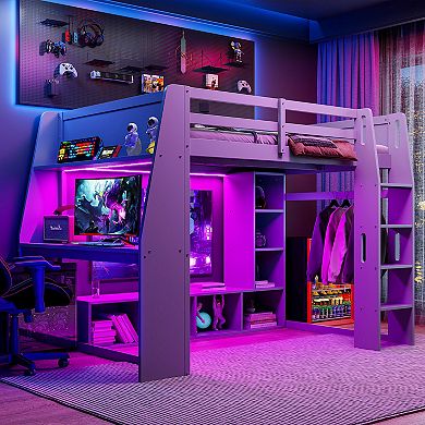 Merax Wood Twin Size Gaming Loft Bed with Desk, Multi-storage Shelves