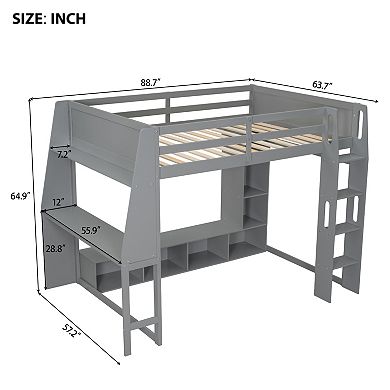 Merax Wood Twin Size Gaming Loft Bed with Desk, Multi-storage Shelves