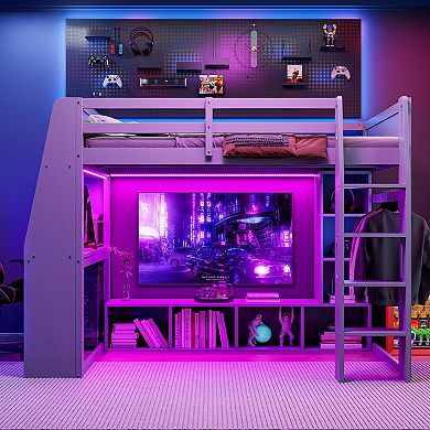 Merax Wood Twin Size Gaming Loft Bed with Desk, Multi-storage Shelves