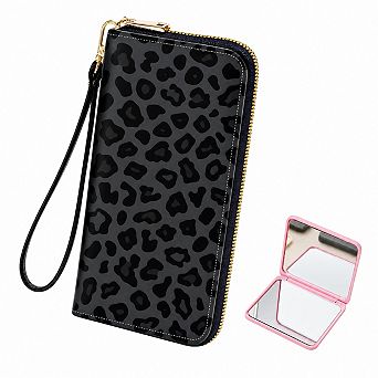 Women PU Leather Wristlet Wallet with Mirror Zipper Card Holder Travel Purse