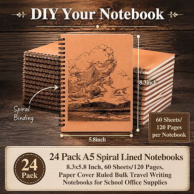 24 Pack A5 Spiral Lined Notebooks Bulk Travel School Office Writing Supplies