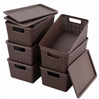 6 Pack Brown Plastic Stackable Storage Baskets With Lids Breathable Organizing Containers