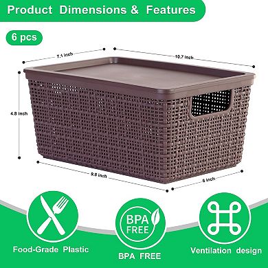 6 Pack Brown Plastic Stackable Storage Baskets With Lids Breathable Organizing Containers