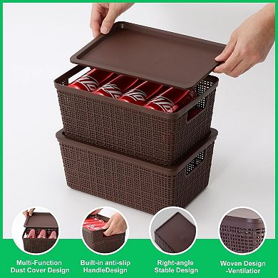 6 Pack Brown Plastic Stackable Storage Baskets With Lids Breathable Organizing Containers