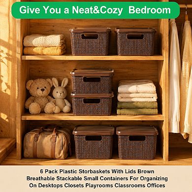6 Pack Brown Plastic Stackable Storage Baskets With Lids Breathable Organizing Containers