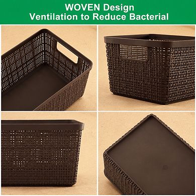 6 Pack Brown Plastic Stackable Storage Baskets With Lids Breathable Organizing Containers