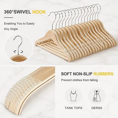 Slim Wood Hangers 18 Pack Non Slip Rubber Grips No Shoulder Bump 360 Hook