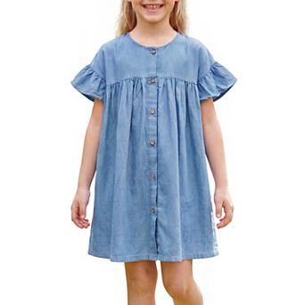 Girls 5-12 Denim Look Dress Ruffle Sleeve Button Up Knee Length Summer Cotton Dresses