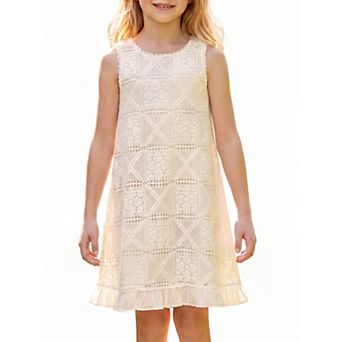 Girls 5-12 Summer Crochet Dress Sleeveless Crew Neck Ruffle Hem Sundress