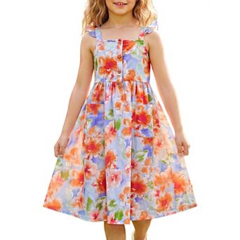 Girls 5-12 Floral Dress Cotton Summer Sleeveless Ruffle Sleeve Button Midi Sundress