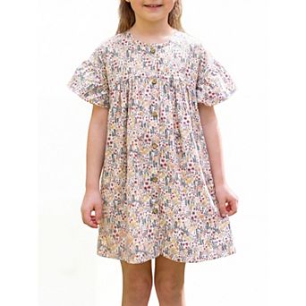 Girls 5-12 Floral Summer Dress Cotton Crew Neck Button Up Ruffle Sleeve Sundress