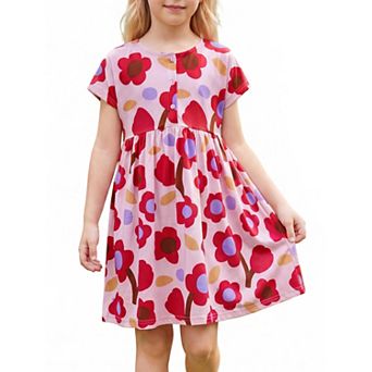 Girls 5-12 Floral Dress Cotton Crewneck Short Sleeve Knee-Length Summer Dresses