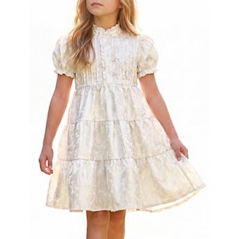 Girls 5-12 Princess Dress Cotton Summer Puffy Sleeve Ruffle Trim Button Dresses