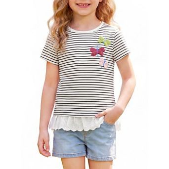Girls 5-12 Striped Summer Tops Cotton Short Sleeve Crewneck Ruffle Hem Tee Shirts