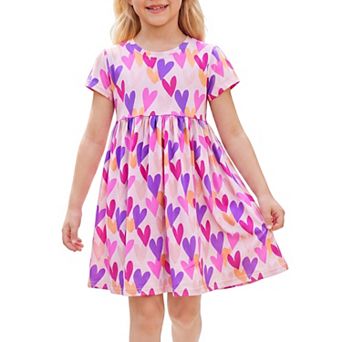 Girls 5-12 Short Sleeve Heart Print Dress Cotton Crew Neck Summer Sundress
