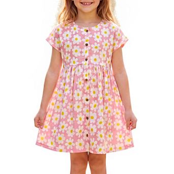Girls 5-12 Floral Dress for Girls Summer Cotton Cap Sleeve Crew Neck Button Up Dress