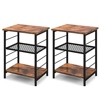 Costway 2 pc 3 tier Side End Table with Adjustable Mesh Shelf Narrow Nightstand