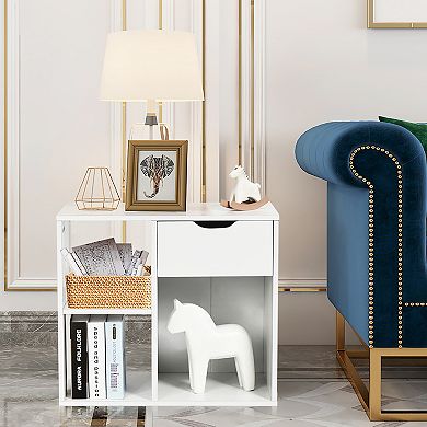 Costway 3-tier Side Table W/Storage Shelf&Drawer Space-saving Nightstand