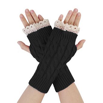 Women's Arm Warmer Winter Thumb Hole Knit Mitten Fingerless Gloves with Lace