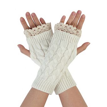 Women's Arm Warmer Winter Thumb Hole Knit Mitten Fingerless Gloves with Lace