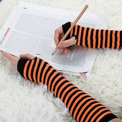 Women Winter Stripe Pattern Elbow Length Arm Warmers Long Gloves