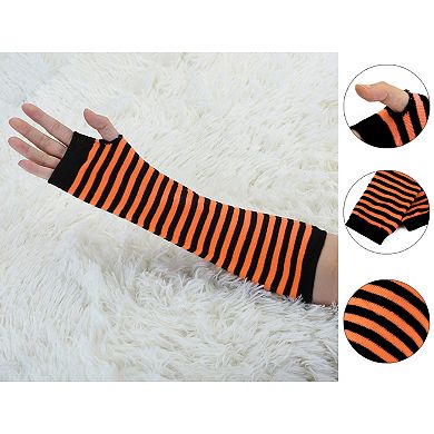 Women Winter Stripe Pattern Elbow Length Arm Warmers Long Gloves