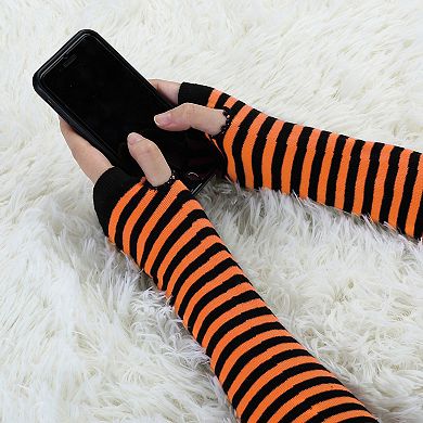 Women Winter Stripe Pattern Elbow Length Arm Warmers Long Gloves