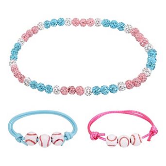 3 pc Baseball Necklace, Rhinestone Beaded Necklace with 2 Adjustable Wax Cord Bracelet for Players