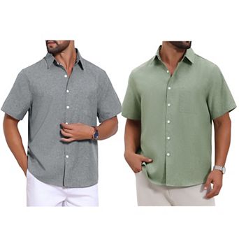 2 Packs Men's Plain Linen Shirt Chest Pocket Short Sleeve Contrast Color Collar Shirts